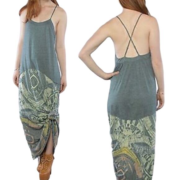 Free People Maxi Dress Drop Waisted A Line Sleeveless Boho Pattern Teal size XS - Picture 2 of 8